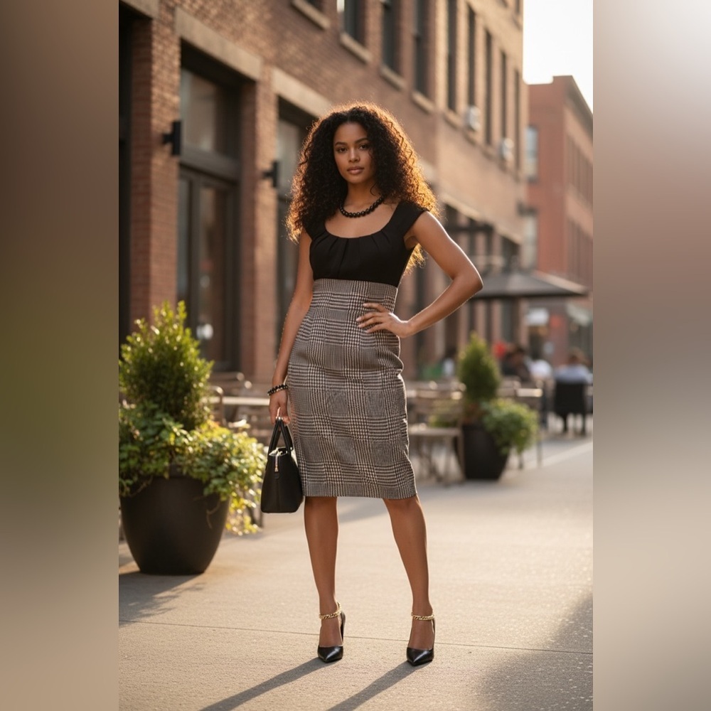 Elegant Black and Gray Plaid Women's Dress Skirt one piece☑️VEN09 - Picture 2 of 9